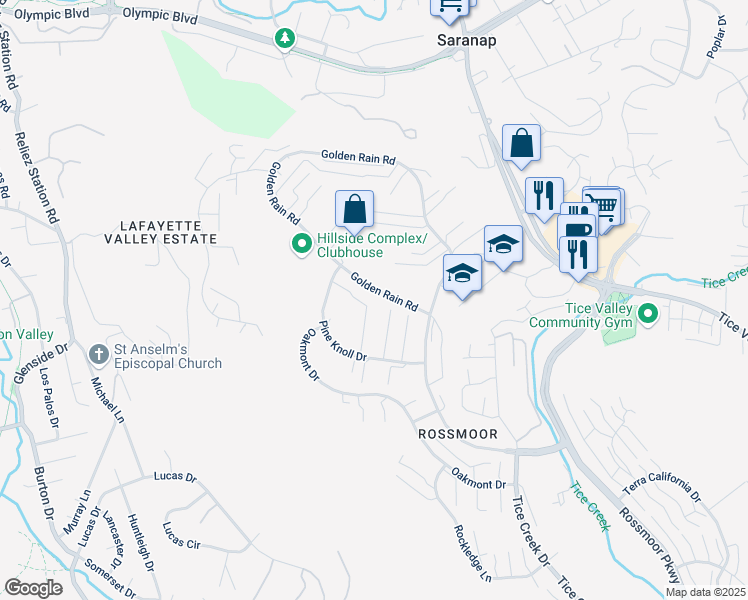 map of restaurants, bars, coffee shops, grocery stores, and more near 2749 Pine Knoll Drive in Walnut Creek