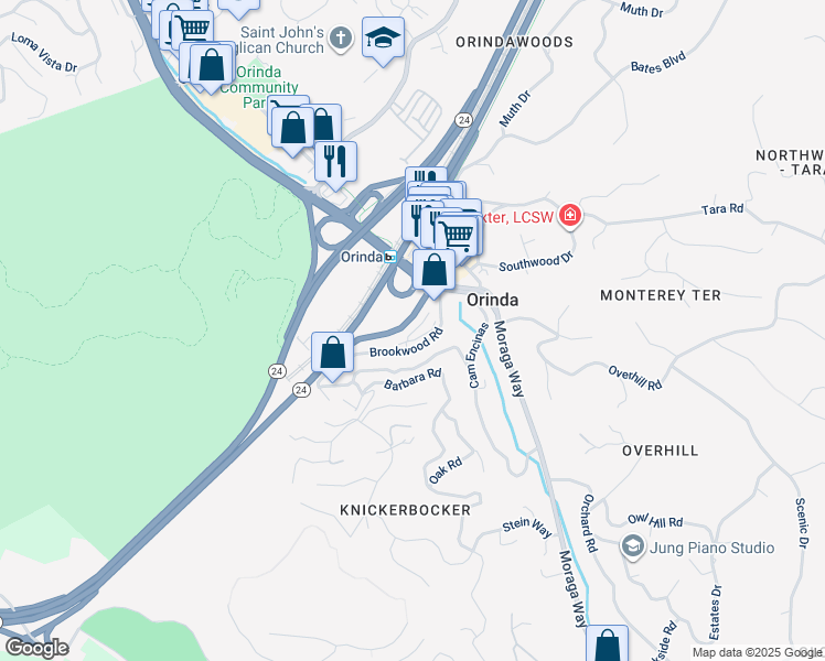 map of restaurants, bars, coffee shops, grocery stores, and more near 73 Brookwood Road in Orinda