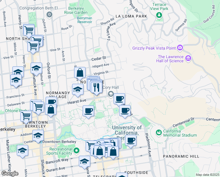 map of restaurants, bars, coffee shops, grocery stores, and more near 2621 Ridge Road in Berkeley