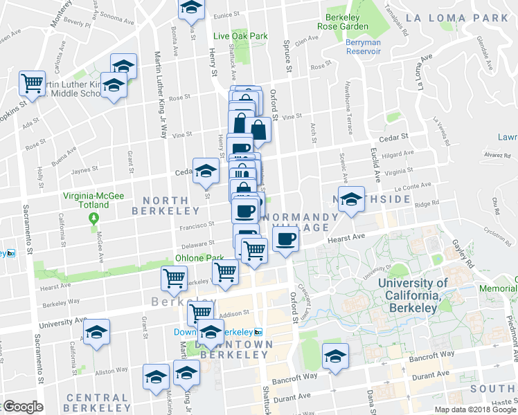 map of restaurants, bars, coffee shops, grocery stores, and more near 1704 Walnut Street in Berkeley