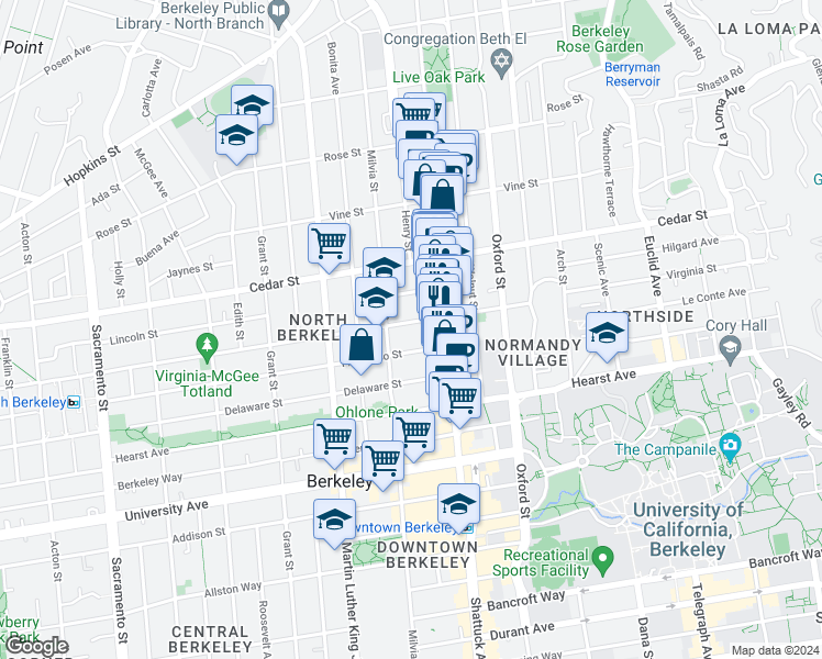 map of restaurants, bars, coffee shops, grocery stores, and more near 2004 Virginia Street in Berkeley