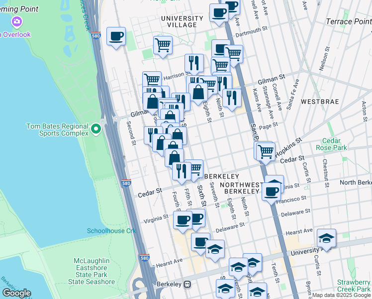 map of restaurants, bars, coffee shops, grocery stores, and more near 825 Page Street in Berkeley