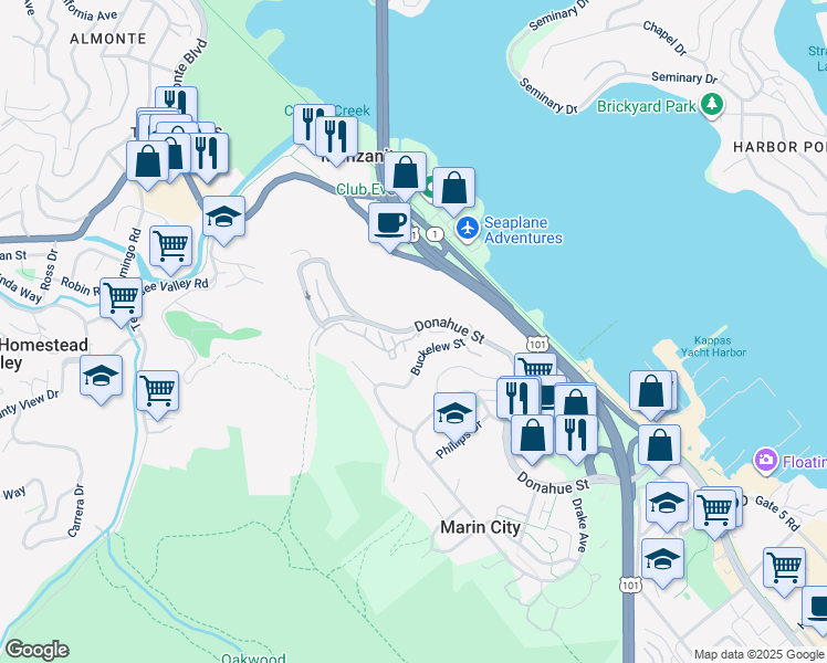 map of restaurants, bars, coffee shops, grocery stores, and more near in Tamalpais-Homestead Valley