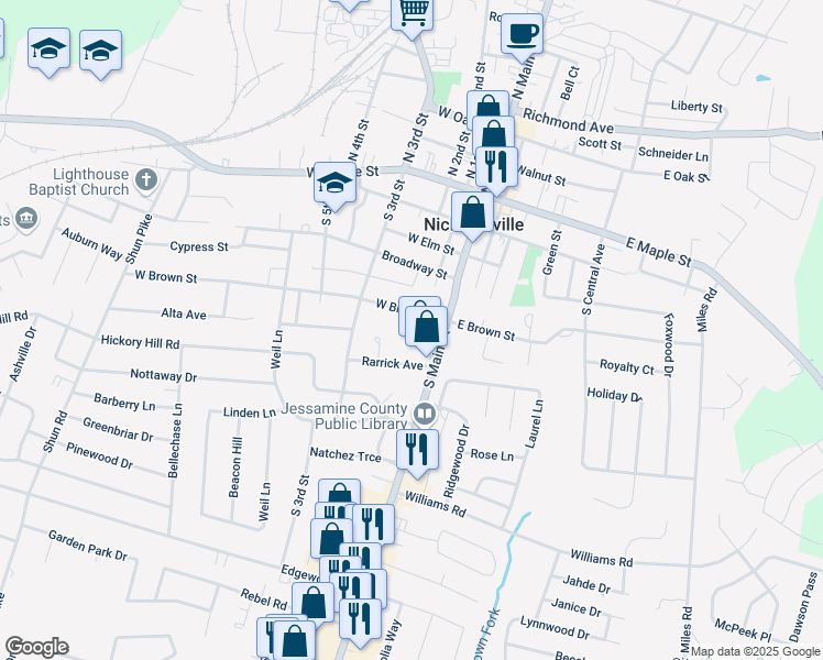 map of restaurants, bars, coffee shops, grocery stores, and more near 108 West Brown Street in Nicholasville