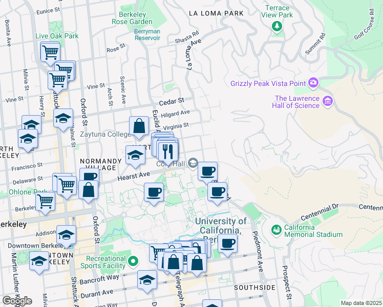 map of restaurants, bars, coffee shops, grocery stores, and more near 2600 Ridge Road in Berkeley