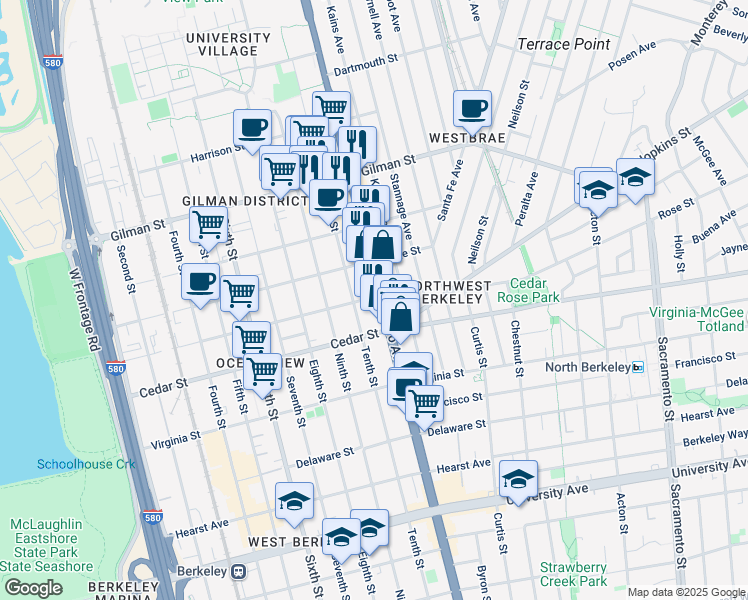 map of restaurants, bars, coffee shops, grocery stores, and more near 1080 Jones Street in Berkeley