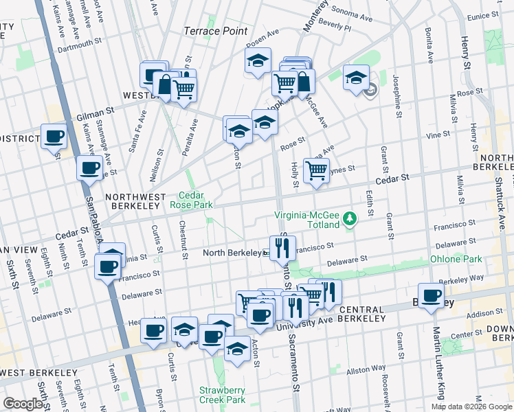 map of restaurants, bars, coffee shops, grocery stores, and more near 1458 Cedar Street in Berkeley
