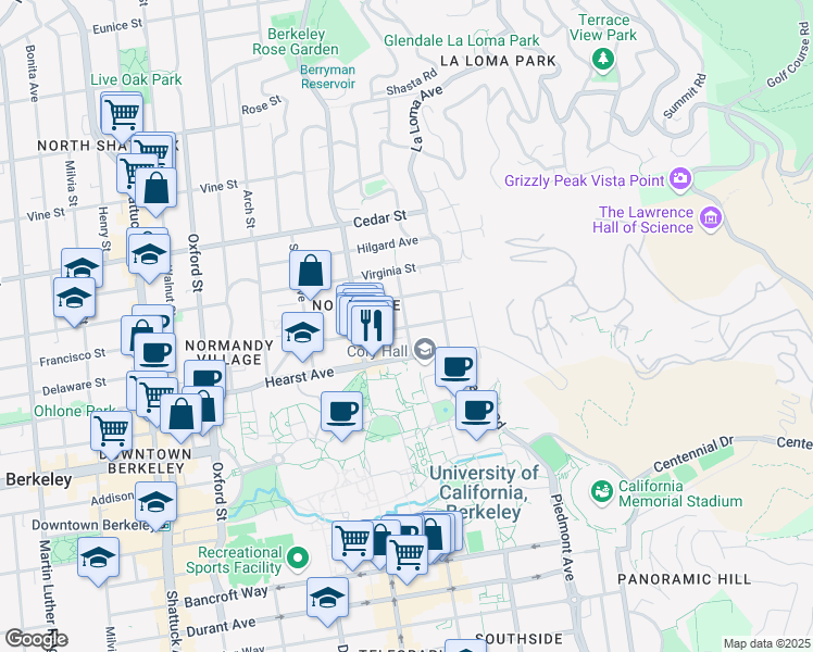 map of restaurants, bars, coffee shops, grocery stores, and more near 2535 Ridge Road in Berkeley