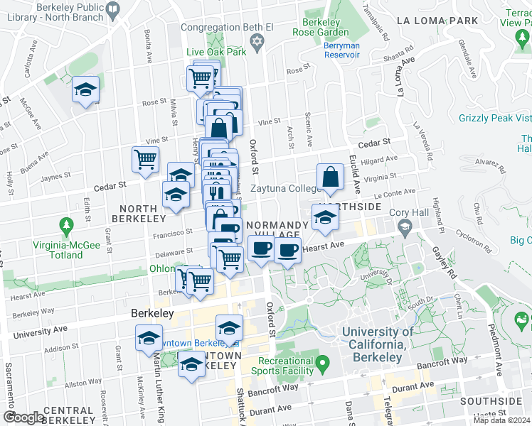 map of restaurants, bars, coffee shops, grocery stores, and more near 1717 Oxford Street in Berkeley