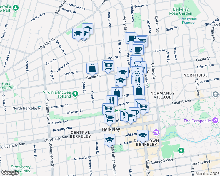 map of restaurants, bars, coffee shops, grocery stores, and more near 1636 Bonita Avenue in Berkeley