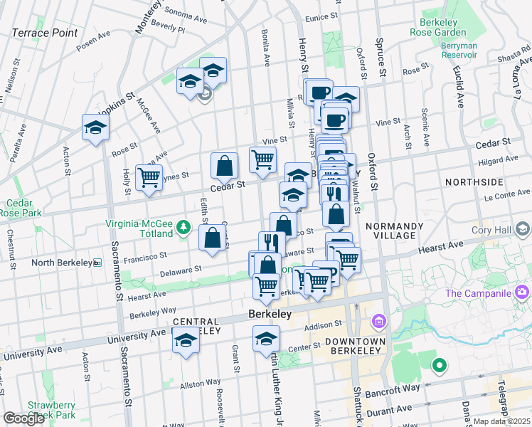 map of restaurants, bars, coffee shops, grocery stores, and more near in Berkeley