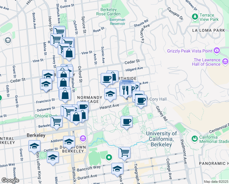 map of restaurants, bars, coffee shops, grocery stores, and more near 2401 Ridge Road in Berkeley