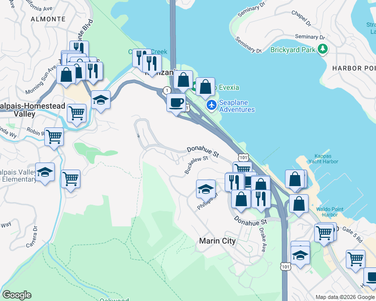 map of restaurants, bars, coffee shops, grocery stores, and more near Donahue St & Sherwood Dr in Tamalpais-Homestead Valley