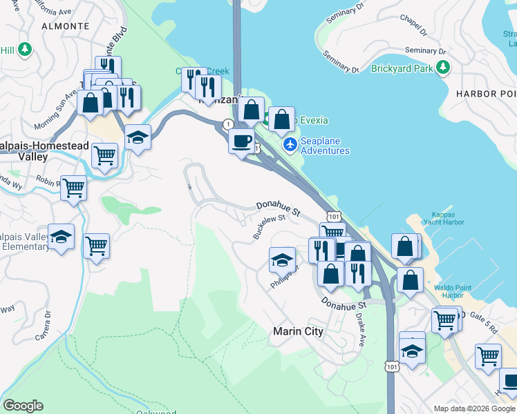 map of restaurants, bars, coffee shops, grocery stores, and more near 401 Sherwood Drive in Sausalito