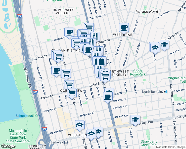 map of restaurants, bars, coffee shops, grocery stores, and more near 1481 Ninth Street in Berkeley