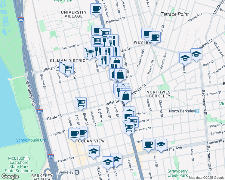 map of restaurants, bars, coffee shops, grocery stores, and more near 1487 Tenth Street in Berkeley