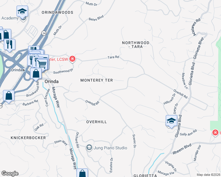 map of restaurants, bars, coffee shops, grocery stores, and more near 117 Overhill Road in Orinda