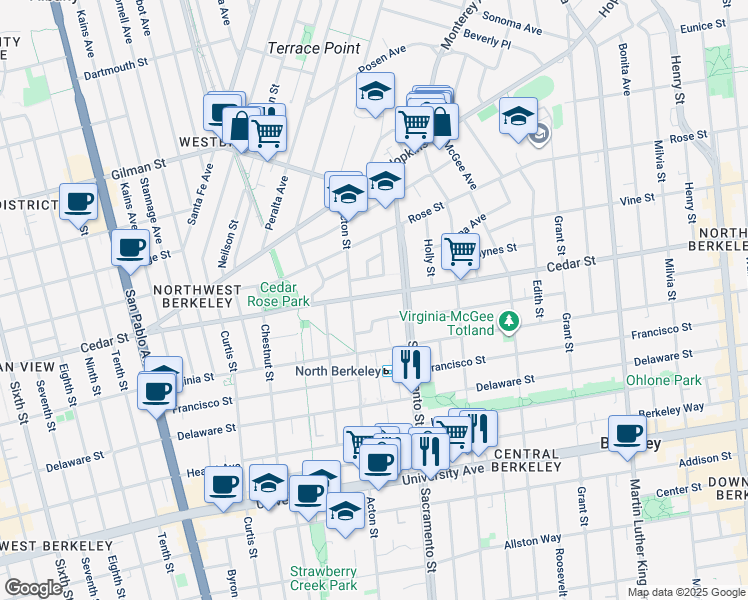 map of restaurants, bars, coffee shops, grocery stores, and more near 1458 Cedar Street in Berkeley