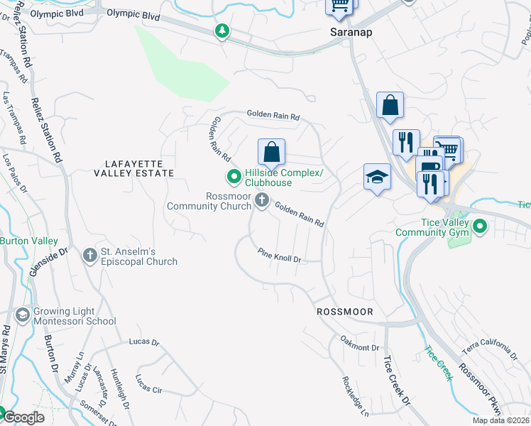 map of restaurants, bars, coffee shops, grocery stores, and more near 2601 Pine Knoll Drive in Walnut Creek