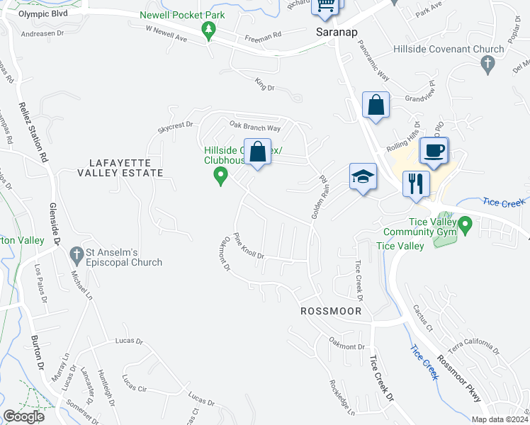 map of restaurants, bars, coffee shops, grocery stores, and more near 2733 Pine Knoll Drive in Walnut Creek