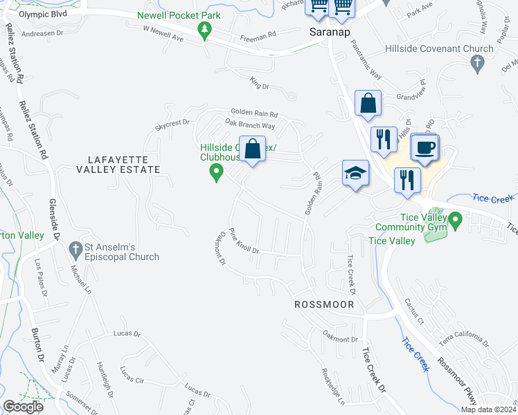 map of restaurants, bars, coffee shops, grocery stores, and more near 2733 Pine Knoll Drive in Walnut Creek