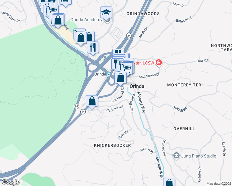 map of restaurants, bars, coffee shops, grocery stores, and more near 73 Brookwood Road in Orinda