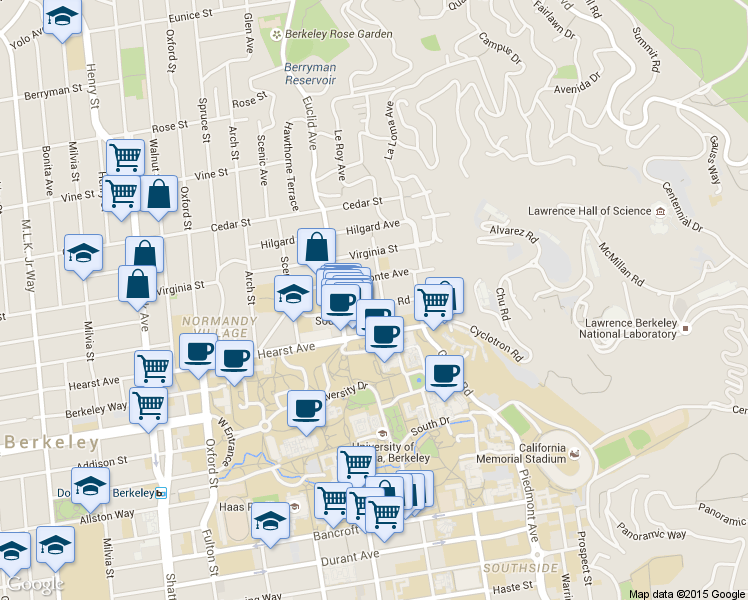 map of restaurants, bars, coffee shops, grocery stores, and more near 2535 Ridge Road in Berkeley