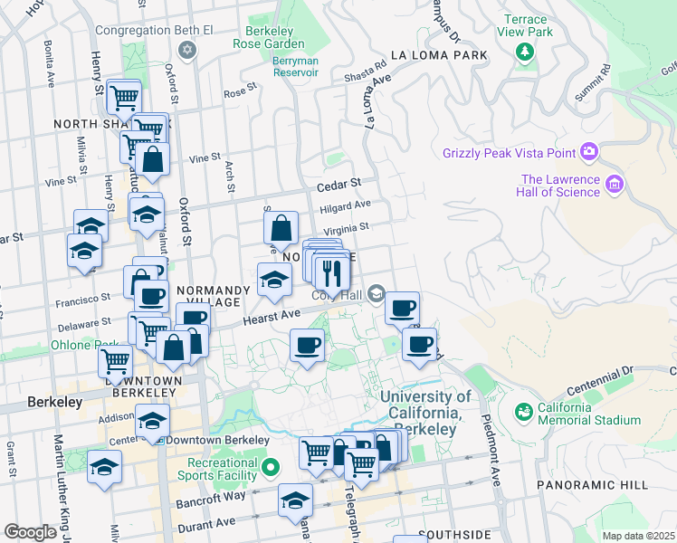 map of restaurants, bars, coffee shops, grocery stores, and more near 2535 Ridge Road in Berkeley