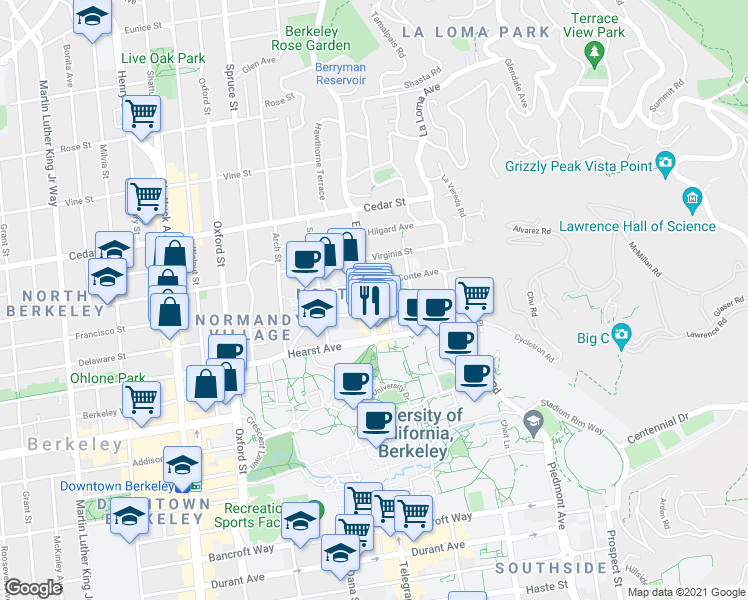 map of restaurants, bars, coffee shops, grocery stores, and more near 1799 Euclid Avenue in Berkeley