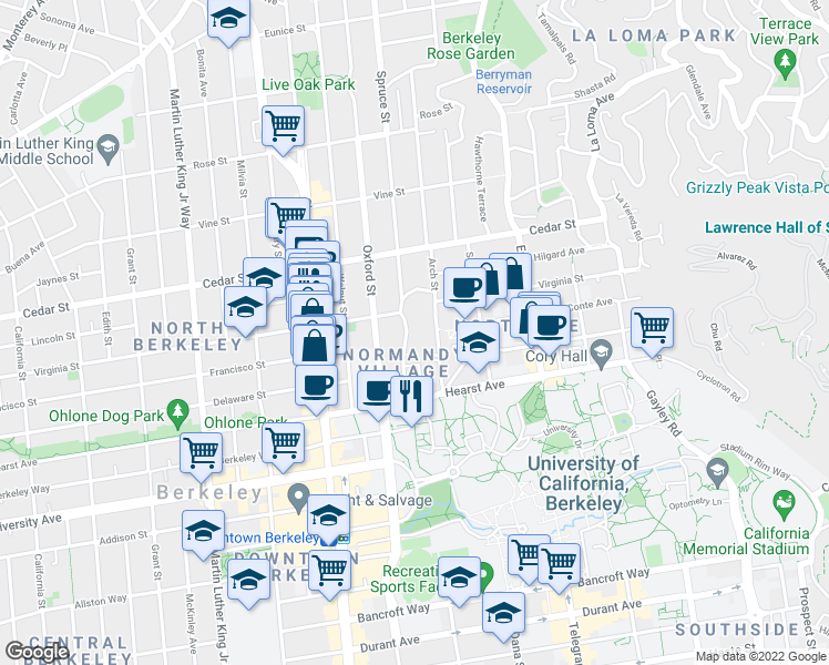 map of restaurants, bars, coffee shops, grocery stores, and more near in Berkeley