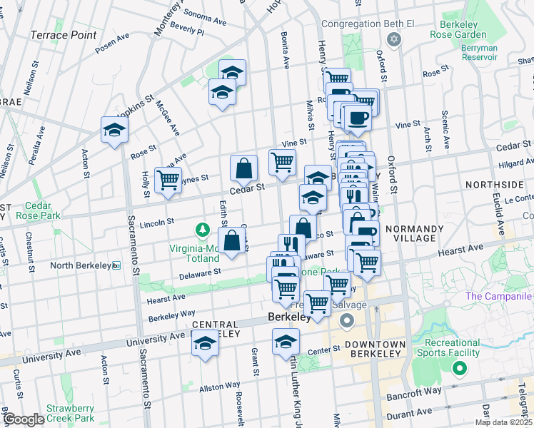 map of restaurants, bars, coffee shops, grocery stores, and more near in Berkeley