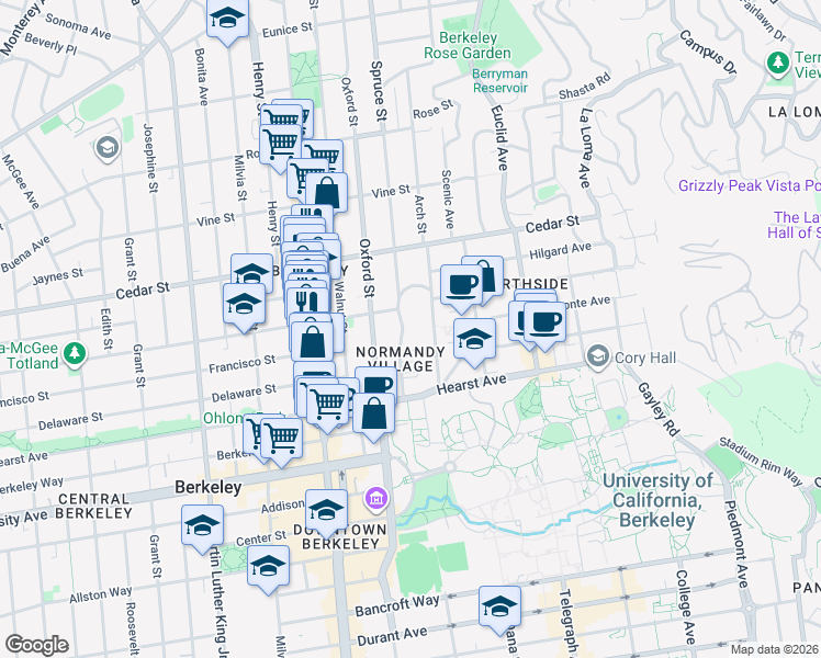 map of restaurants, bars, coffee shops, grocery stores, and more near in Berkeley