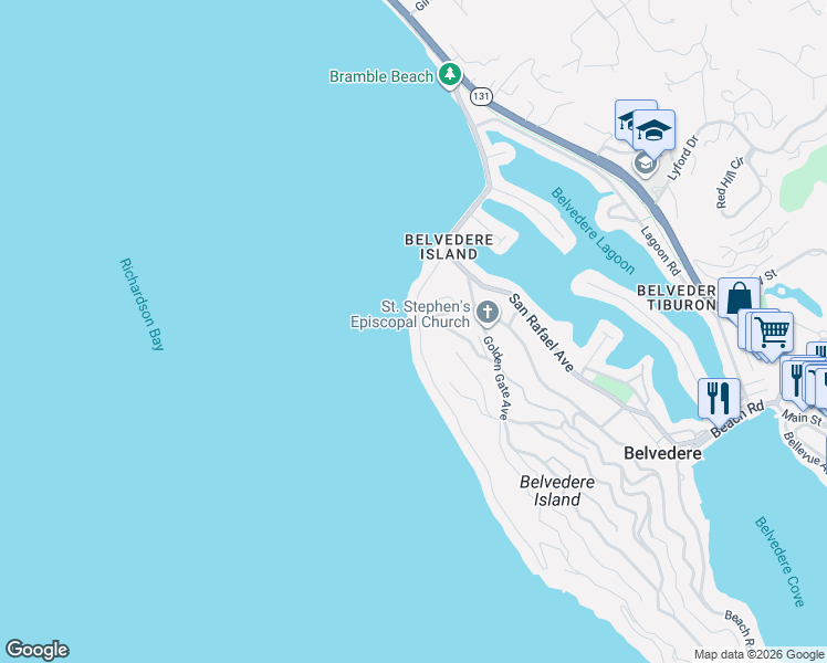map of restaurants, bars, coffee shops, grocery stores, and more near 11 Tamalpais Avenue in Belvedere