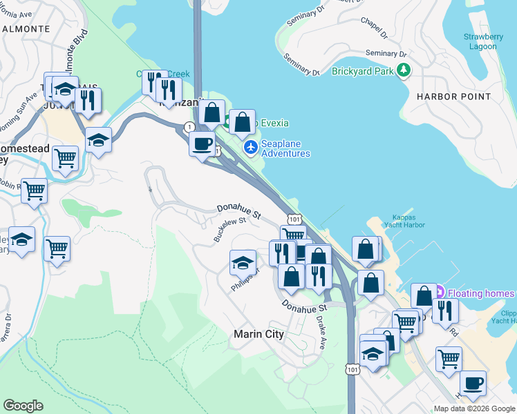 map of restaurants, bars, coffee shops, grocery stores, and more near 258 Donahue Street in Sausalito