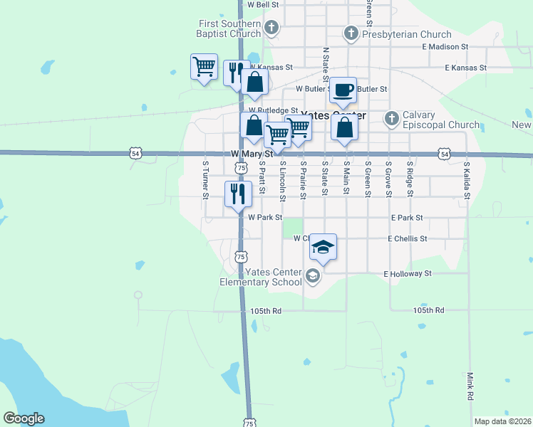 map of restaurants, bars, coffee shops, grocery stores, and more near 411 West Park Street in Yates Center