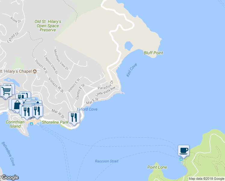 map of restaurants, bars, coffee shops, grocery stores, and more near 2323 Mar East Street in Tiburon