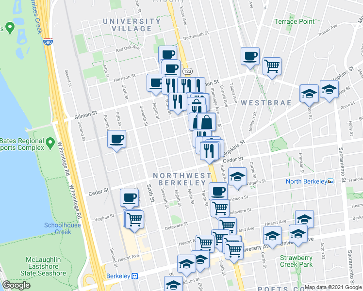 map of restaurants, bars, coffee shops, grocery stores, and more near 1481 Ninth Street in Berkeley
