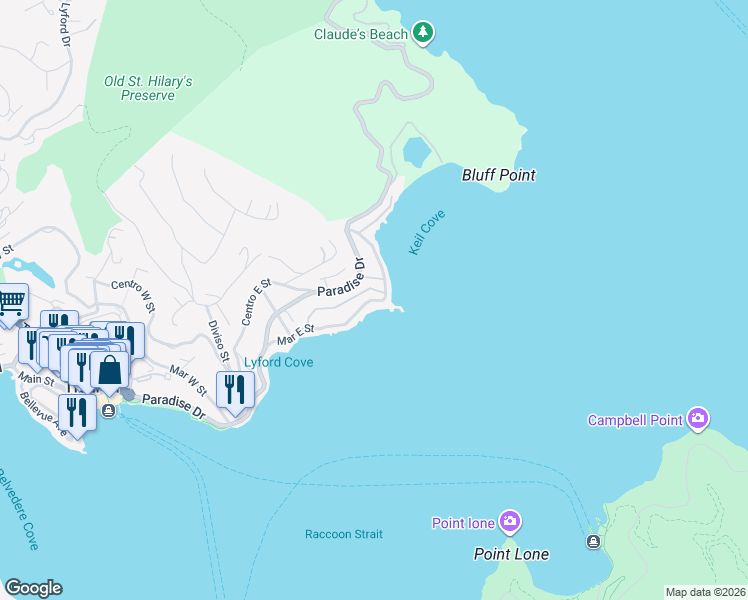 map of restaurants, bars, coffee shops, grocery stores, and more near 2335 Mar East Street in Belvedere Tiburon