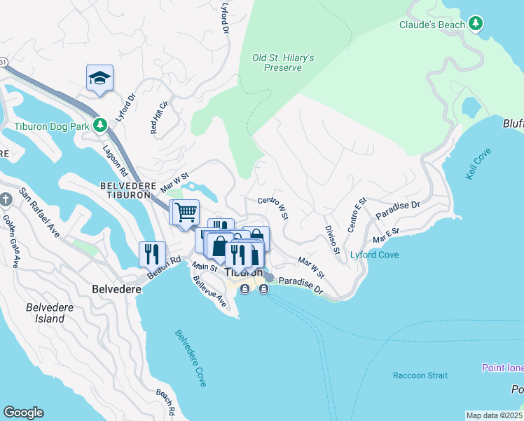 map of restaurants, bars, coffee shops, grocery stores, and more near 1771 Mar West Street in Tiburon