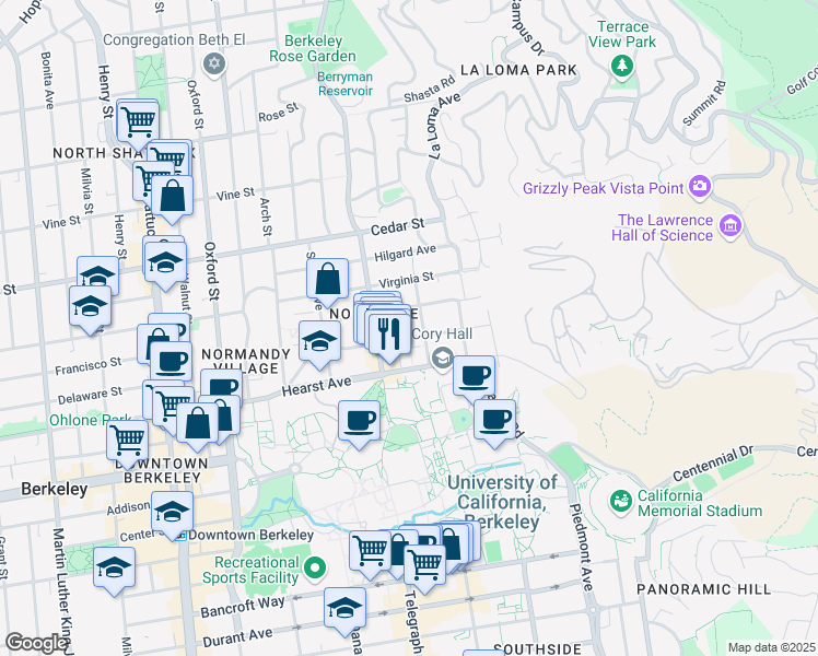 map of restaurants, bars, coffee shops, grocery stores, and more near 2535 Ridge Road in Berkeley