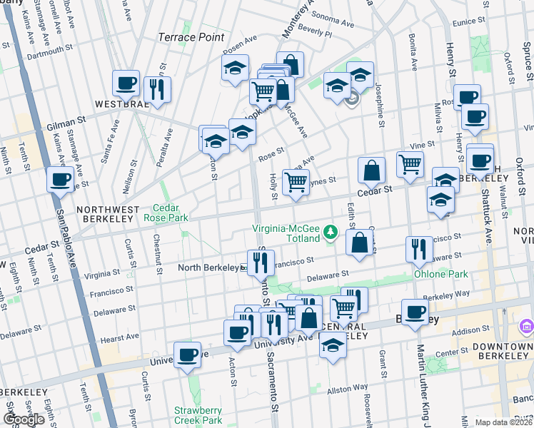 map of restaurants, bars, coffee shops, grocery stores, and more near 1522 Cedar Street in Berkeley