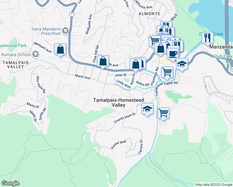 map of restaurants, bars, coffee shops, grocery stores, and more near 356 Richardson Way in Mill Valley