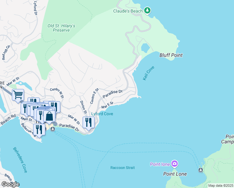 map of restaurants, bars, coffee shops, grocery stores, and more near 2332 Paradise Drive in Tiburon