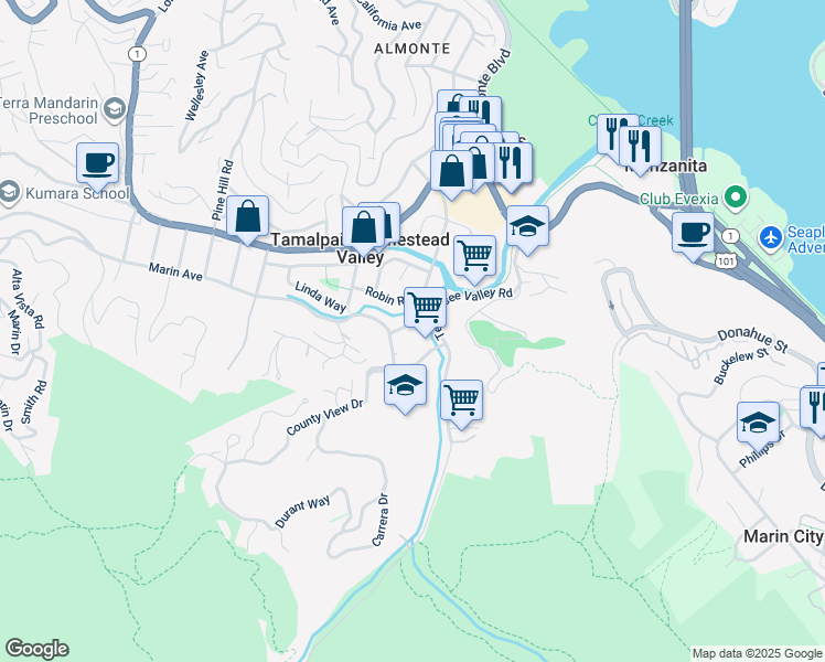 map of restaurants, bars, coffee shops, grocery stores, and more near 227 Marin Avenue in Mill Valley