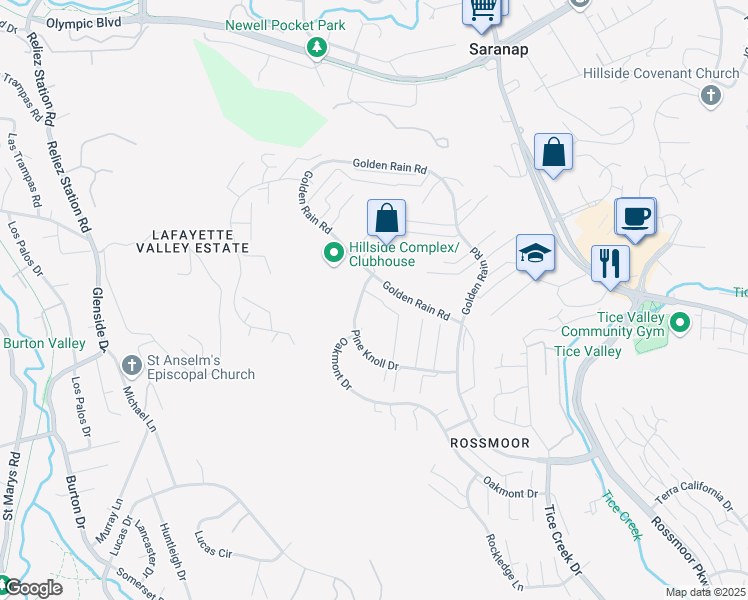 map of restaurants, bars, coffee shops, grocery stores, and more near 2601 Pine Knoll Drive in Walnut Creek