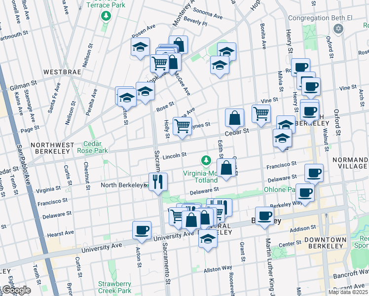 map of restaurants, bars, coffee shops, grocery stores, and more near 1617 California Street in Berkeley