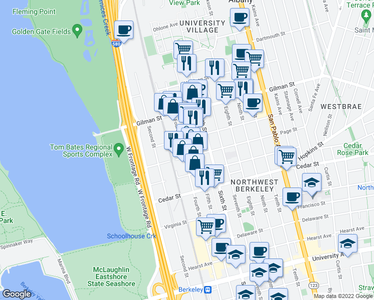 map of restaurants, bars, coffee shops, grocery stores, and more near 1417 Fourth Street in Berkeley