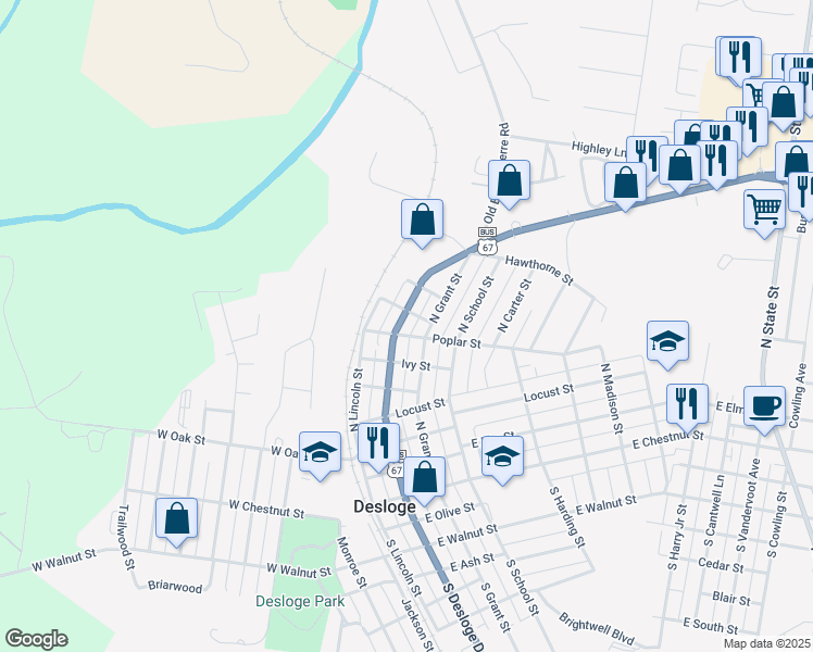 map of restaurants, bars, coffee shops, grocery stores, and more near 702 North Desloge Drive in Desloge
