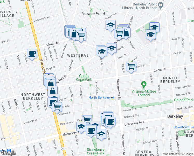 map of restaurants, bars, coffee shops, grocery stores, and more near 1361 Cedar Street in Berkeley