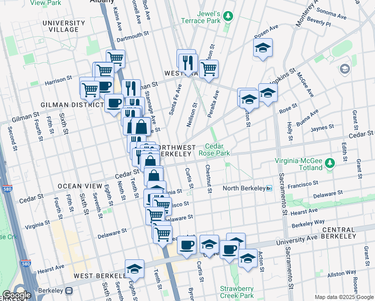 map of restaurants, bars, coffee shops, grocery stores, and more near 1224 Rose Street in Berkeley